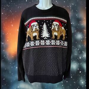 Vintage Ugly Christmas Sweater Bulldogs Black Cotton Pullover Festive Size Large